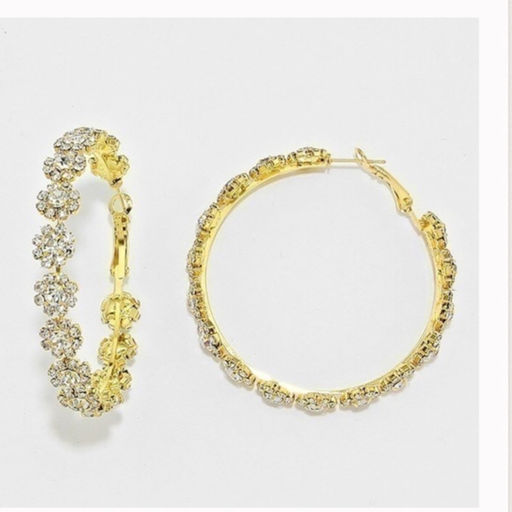 Gold Plated Flower Rhinestone Hoops Earrings